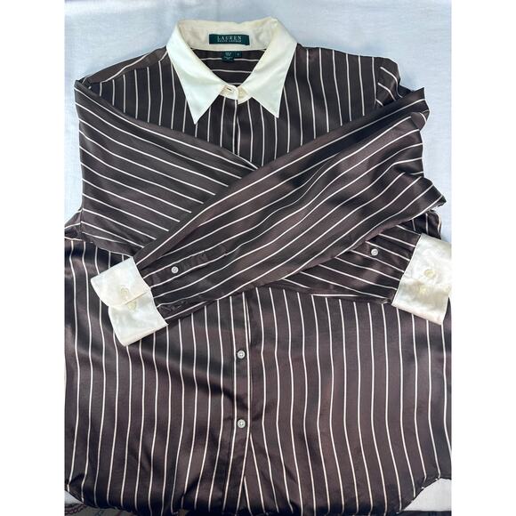 VTG Ralph Lauren Women's sz12 100% Silk Stripped Button Down Oxford Style Top - Picture 4 of 10